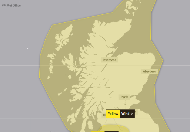 Met Office map of storng winds warning area covering Scotland