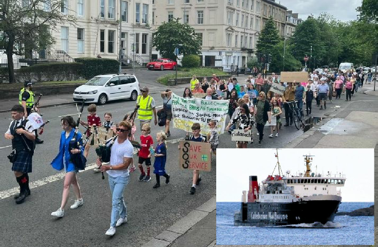 South Uist CalMac ferry protest march in Glasgow 2023 with inset photo of CalMac ferry, MV Lord of the Isles 