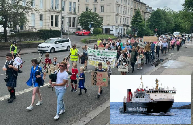 South Uist CalMac ferry protest march in Glasgow 2023 with inset photo of CalMac ferry, MV Lord of the Isles 